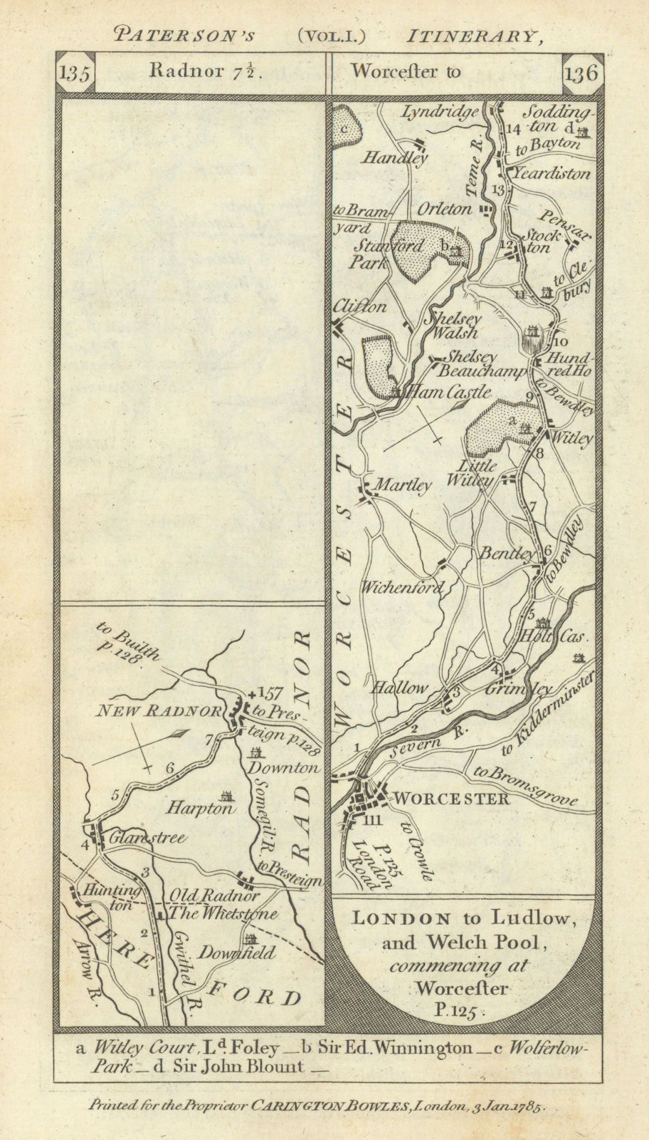 New Radnor. Worcester - Martley - Shelsley road strip map PATERSON 1785